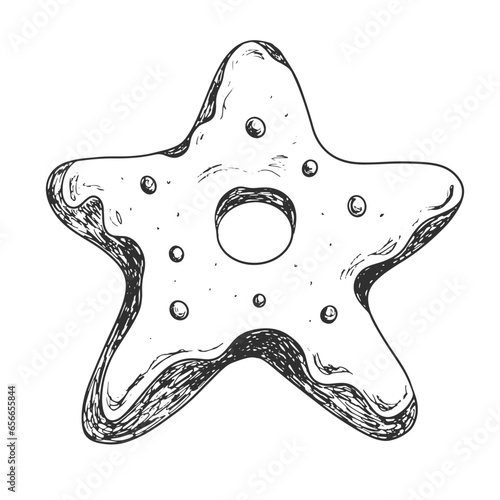 Sketch style gingerbread star isolated on white background. Engraving style glazed Christmas cookie. Black and white dessert