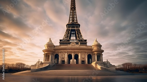 Panorama of Eiffel tower in Paris, France at sunset