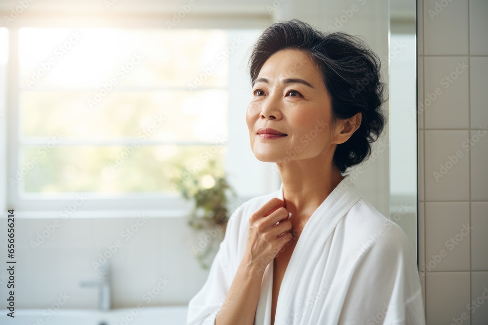 a mid-age asian woman of 50 years, looking stunning, stands in the bathroom after her shower a mid-age asian woman of 50 years, looking stunning, stands in the bathroom after her shower