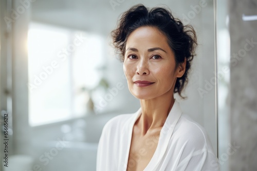 a stunning asian woman in her mid-50s stands in the bathroom after a shower