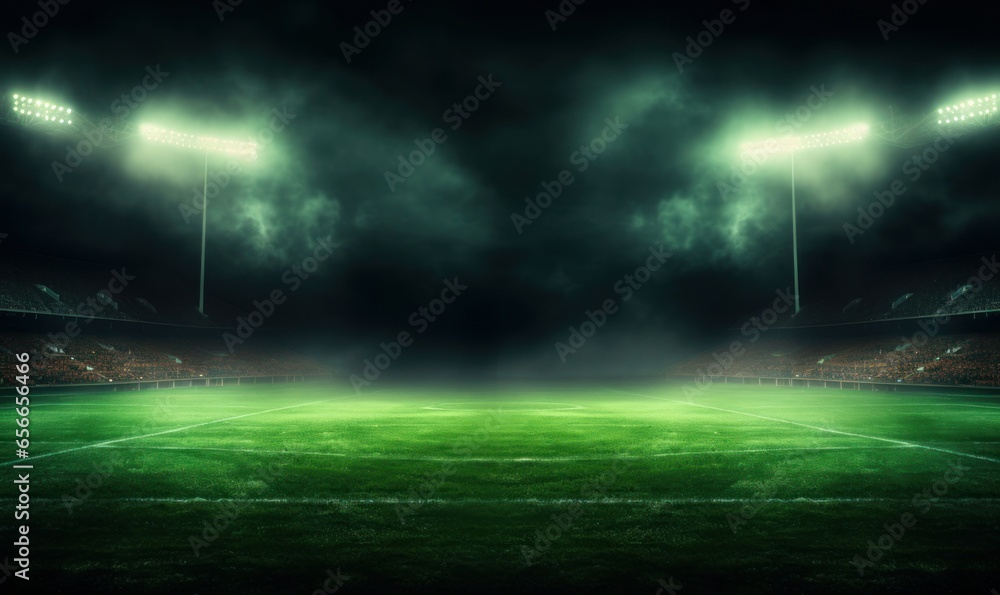 Green soccer field, bright spotlights, Generative AI  - obrazy, fototapety, plakaty 