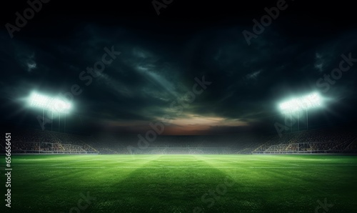 Green soccer field, bright spotlights, Generative AI  photo