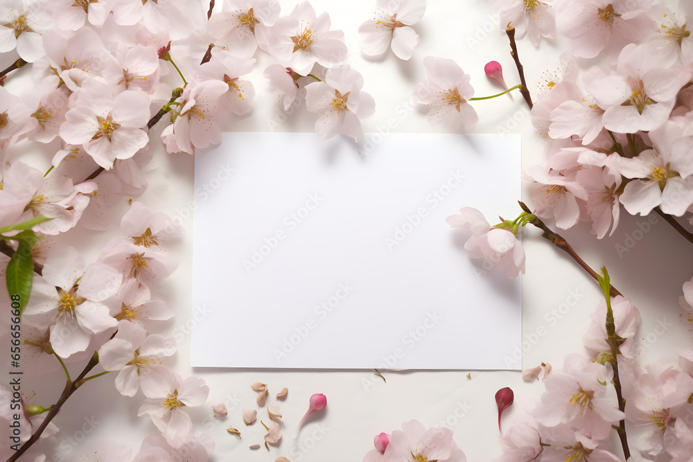 Blank mockup greeting card and cherry blossom background, craft envelope, blossom, flat lay, top view