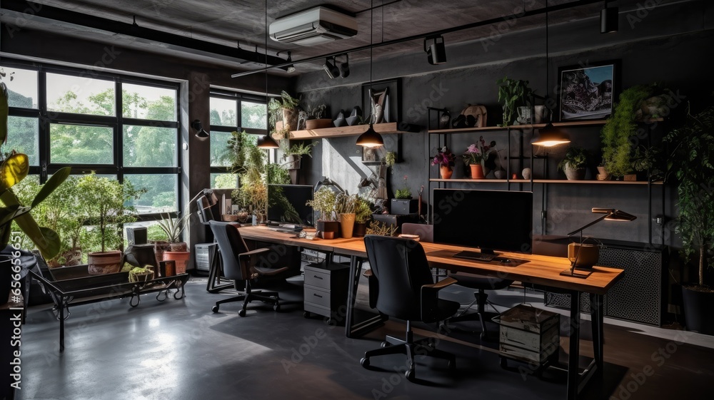 Inspiring office interior design Industrial style Office featuring Exposed pipes architecture. Generative AI AIG 31.