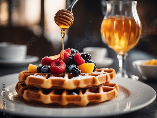 Deliciously looking Waffle's with fresh fruits, blurry background