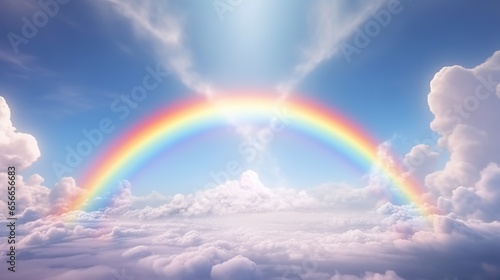 Generative AI  white fantastic clouds  sky and landscape with colorful rainbow. Gentle colors and with bright lights.