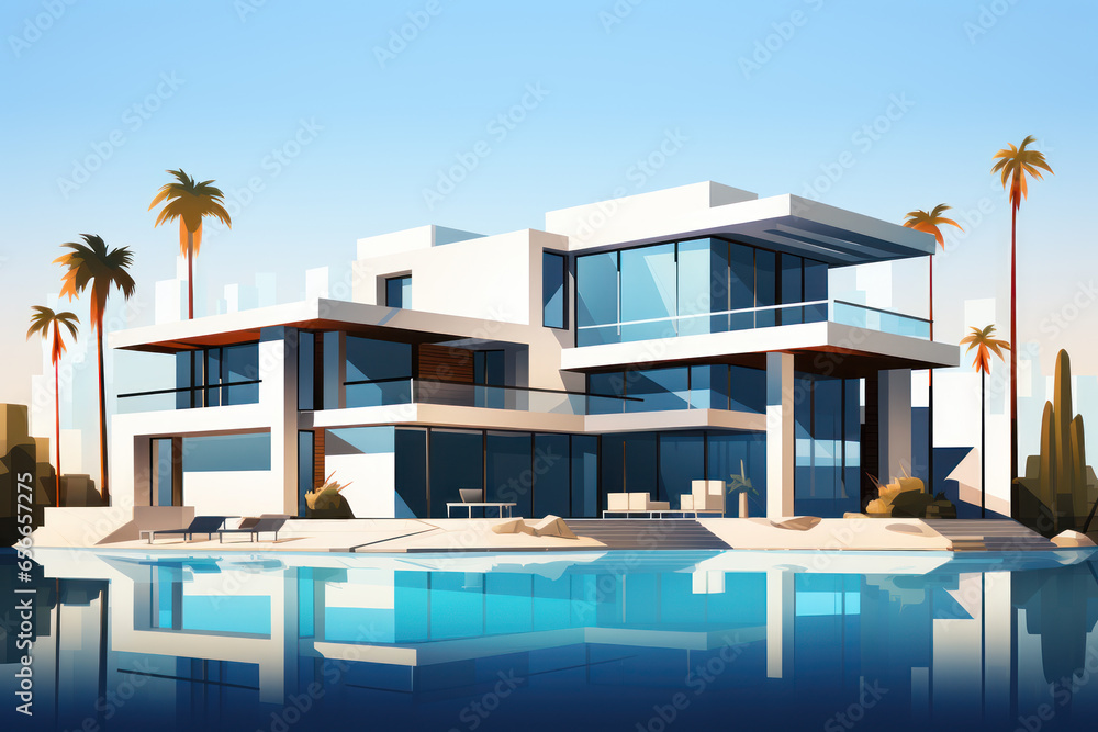 Modern country house villa in a minimalist cubic style with swimming pool, illustration of a vacation on the sea coast Modern country house villa in a minimalist cubic style with swimming pool, illustration of a vacation on the sea coast