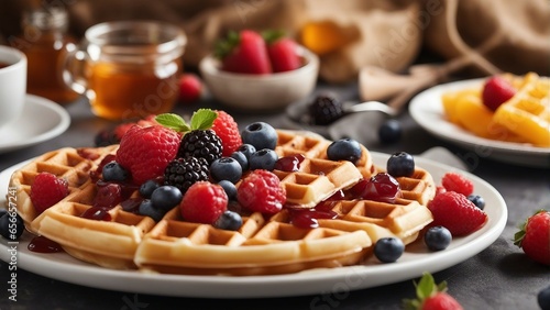 Deliciously looking Waffle s with fresh fruits  blurry background