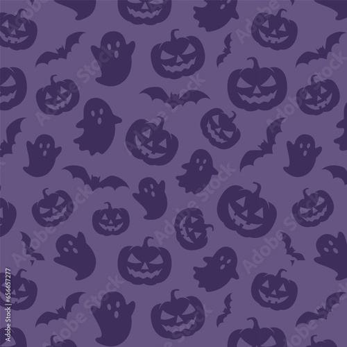 Cute seamless pattern with scary pumpkin, ghost and bat on purple background. Halloween pattern. Vector illustration	