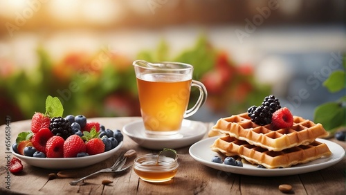 Deliciously looking Waffle's with fresh fruits, blurry background