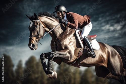 Horse jumping. Show Jumping. Equestrian Sports. Horse riding. Digital ai art, Generative AI  © Dhriti