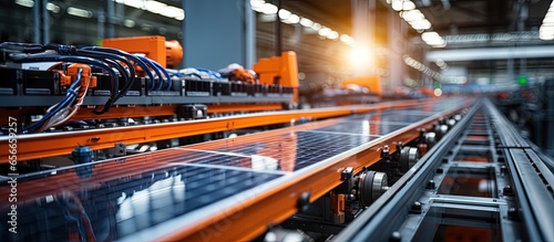 Solar panel assembly on a conveyor in a modern factory with an orange robot arm with copyspace for text