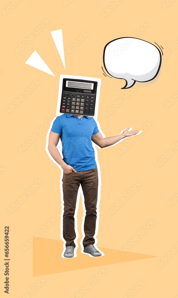 collage of young economist with big calculator on head collage of young economist with big calculator on head