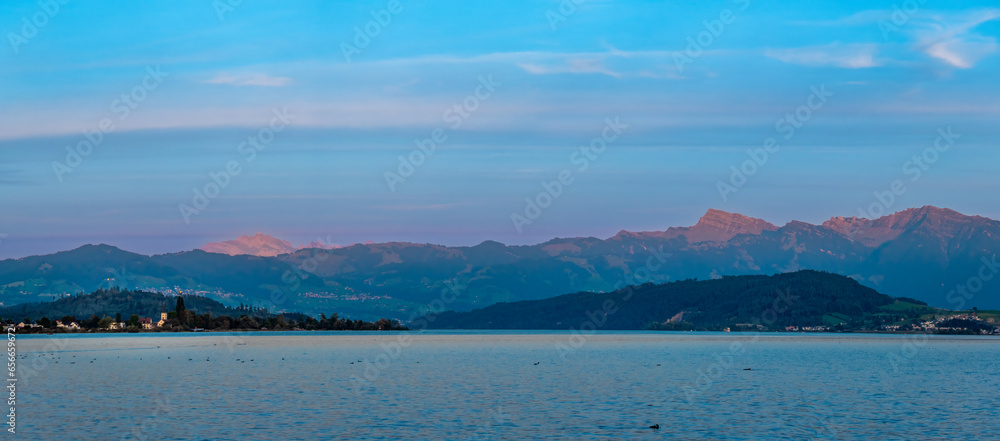 Panoramic view of the Upper Zurich Lake (Obersee), from the Seedam, Schwyz, St. Gallen, Switzerland.