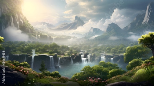 Panoramic view of a beautiful landscape with a waterfall and mountains