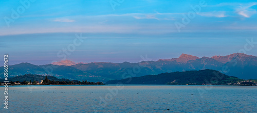 Panoramic view of the Upper Zurich Lake (Obersee), from the Seedam, Schwyz, St. Gallen, Switzerland.