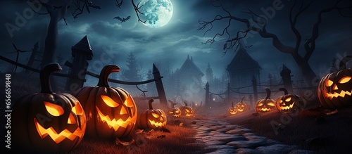 Halloween design with graveyard Jack O Lantern pumpkins with copyspace for text