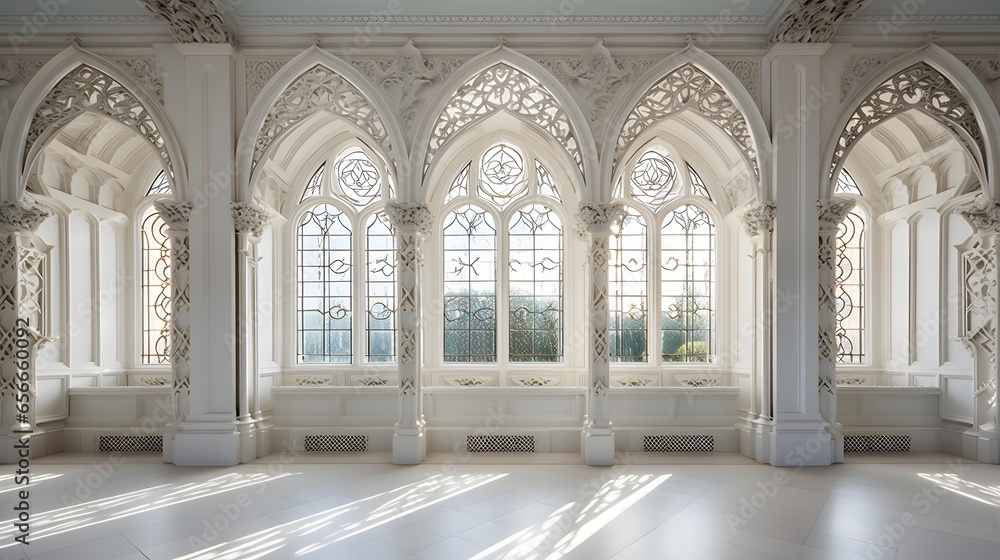 White room with arches and columns. Interior design. 3d rendering
