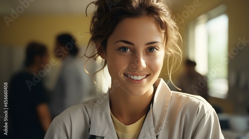 "Dedicated Female Doctor Smiling at Camera in Hospital Environment"