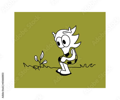 Prehistoric caveman cute character looking a growing plant. Cartoon hand drawn style vector illustration.