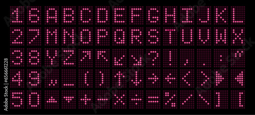 Latin letters, numbers, punctuation and spelling marks in the form of an electronic scoreboard in a purple glow