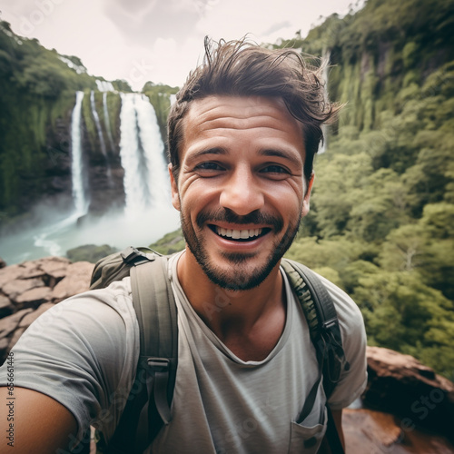 Behind the Curtain: A Hiker's Selfie Adventure Behind the Waterfall Veil, man in the mountains
