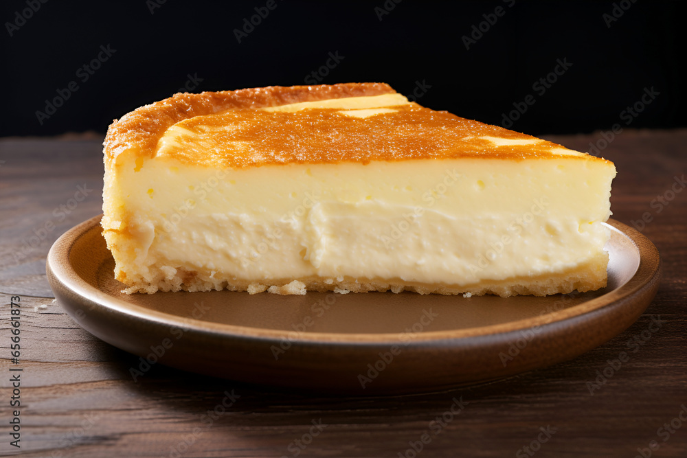 Cheese cake slice. Classic cheese cake piece onon dark ceramic plate on wooden table, rustic background. Creamy curd cheese cake slice front view, healthy breakfast concept. Freshly baked cheese cake Cheese cake slice. Classic cheese cake piece onon dark ceramic plate on wooden table, rustic background. Creamy curd cheese cake slice front view, healthy breakfast concept. Freshly baked cheese cake