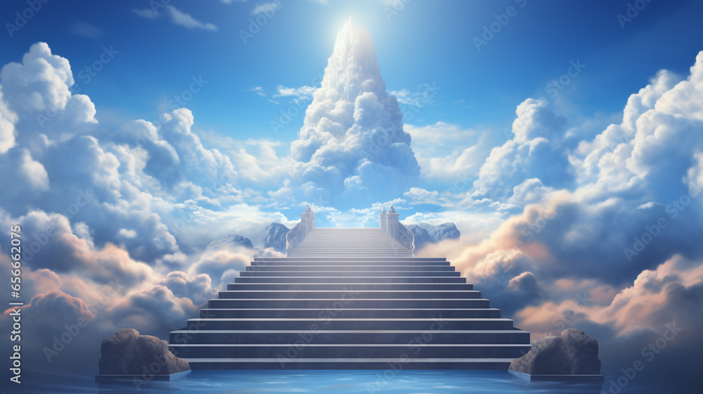 Stairway Through Clouds Leading To Heavenly Light.rendering 3D - obrazy, fototapety, plakaty 