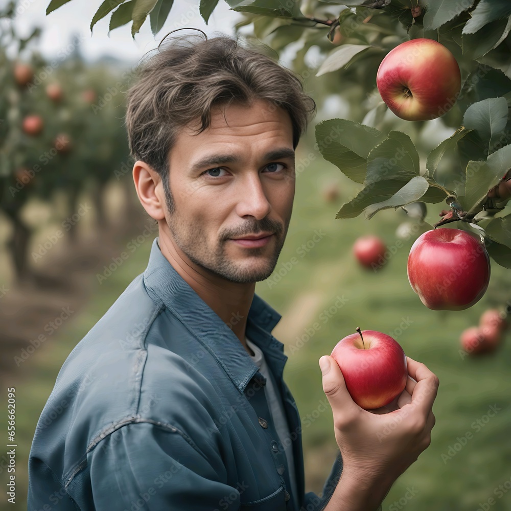Hombre con una manzana roja en la mano, en un terreno con muchos ...