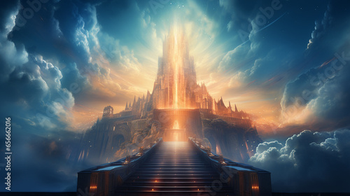 Stairway Through Clouds Leading To Heavenly Light.rendering 3D