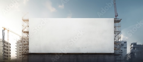 Advertisement banner on scaffolding of modern construction site with copyspace for text