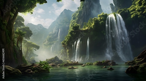 Panoramic view of a beautiful waterfall in the green forest.