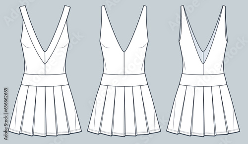 Plunge Dress technical fashion illustration. Pleated Dress fashion flat technical drawing template, deep v-neck, mini length, sleeveless, front, back view, white, women CAD mockup set.