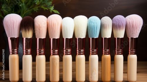  Makeup brushes for cosmetic powder with large artificial bristles and a wooden handle. Makeup artist and stylist tools.