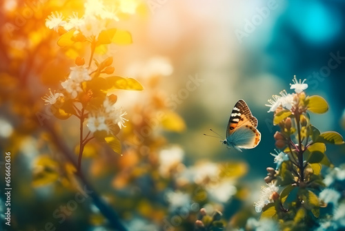 Butterfly on blooming flowers. Nature background. Spring.