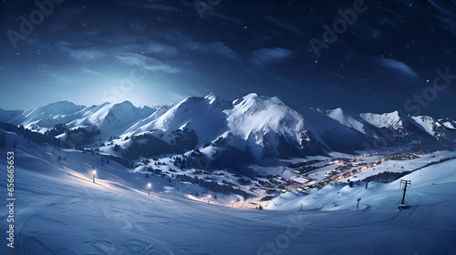Ski resort in the Alps. Winding slope of a ski resort covered with snow. Ski resort in the mountains. © Tanuha