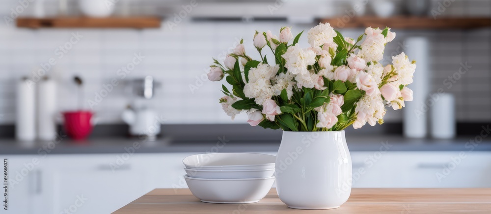 Latin style breakfast and vase of flowers on kitchen table in modern white kitchen with wooden and white details with copyspace for text Latin style breakfast and vase of flowers on kitchen table in modern white kitchen with wooden and white details with copyspace for text