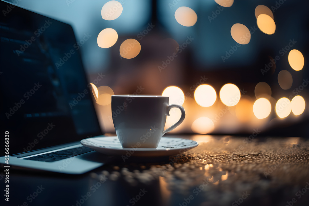 Obraz premium Coffee cup and laptop on the table with bokeh background, for poster, banner background