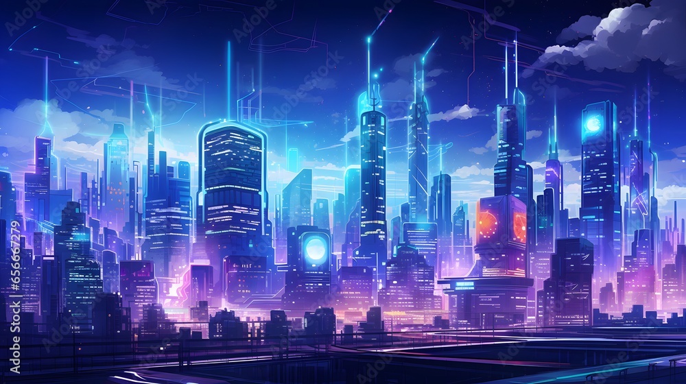 Night city panorama. Futuristic cityscape with skyscrapers and high-rise buildings.