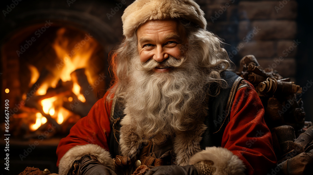 Santa Claus with gifts, creative image in the house near the fireplace Santa Claus with gifts, creative image in the house near the fireplace