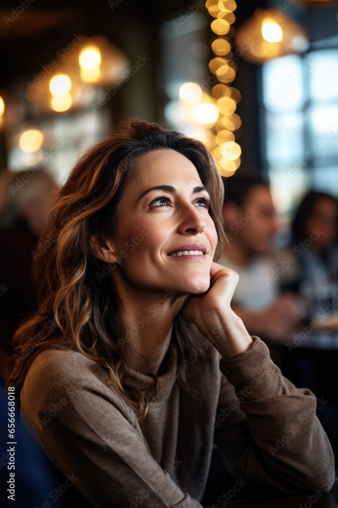 Obraz premium A beautiful woman with confused expression chat with a friend. Generative AI
