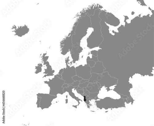 Black CMYK national map of ALBANIA inside detailed gray blank political map of European continent on transparent background using Mercator projection