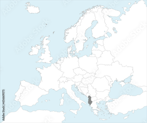 Gray CMYK national map of ALBANIA inside detailed white blank political map of European continent on blue background using Mollweide projection