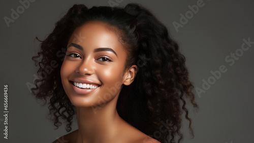 beautiful black woman touch face with smooth healthy skin, happy smiling.