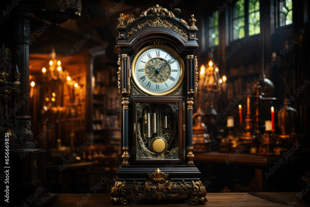A grandfather clock ticking solemnly in a dimly lit room, marking the