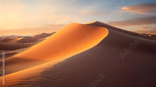 Sand dunes in the desert at sunset. Panoramic view