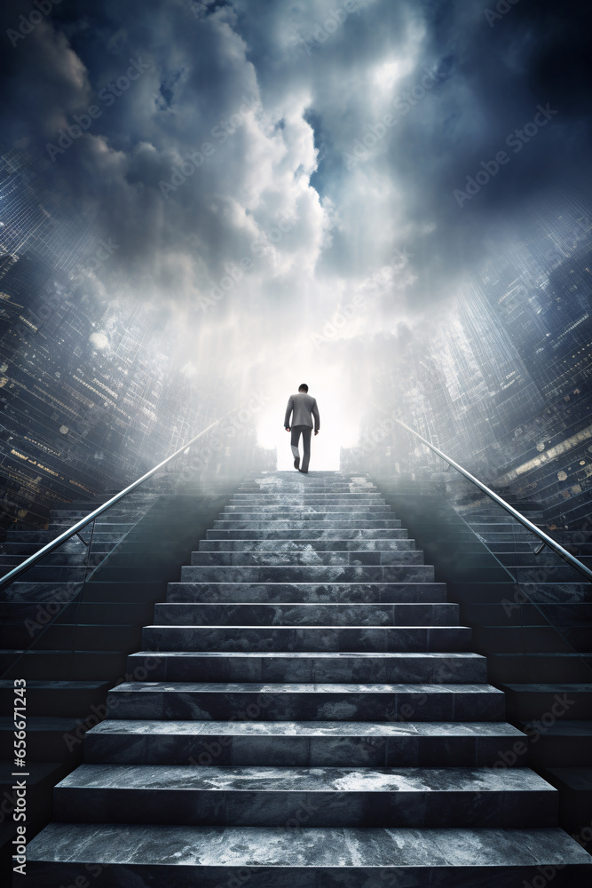 Ascending Ambition  Businessman Merged with Stairs Embodying Journey to Corporate Triumph