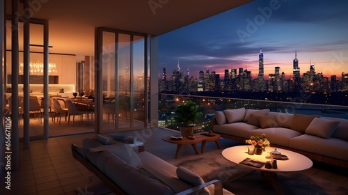 beautiful panorama of the modern living room with a panoramic view of the city © Iman