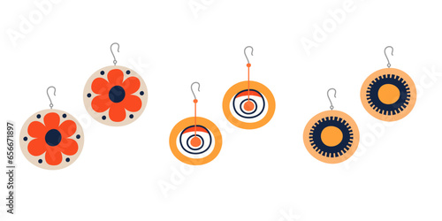 Female vintage earrings set. Boho style set, fashion design earrings. Isolated vector illustration 