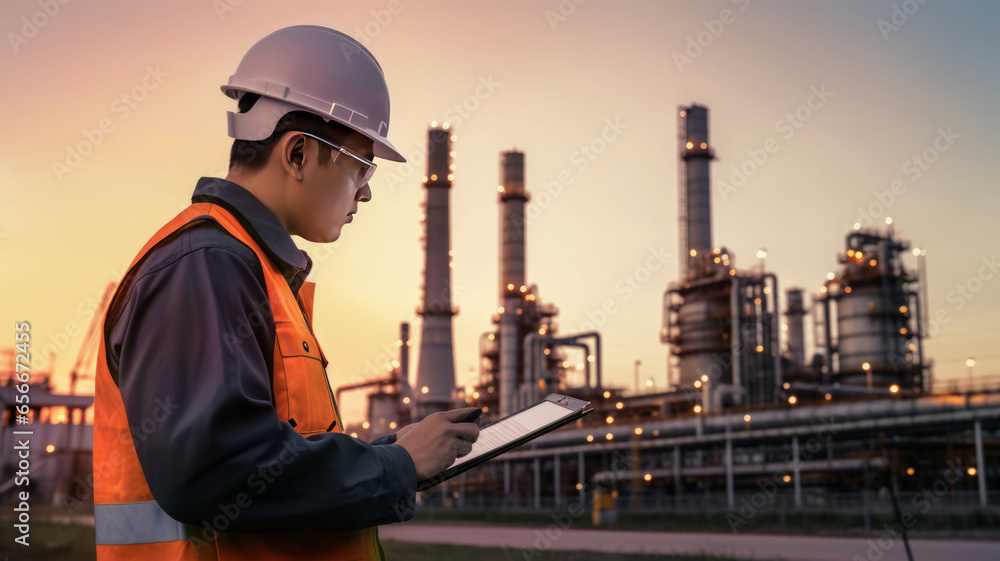 Engineering standing in front of oil refinery building structure in industry Engineering standing in front of oil refinery building structure in industry